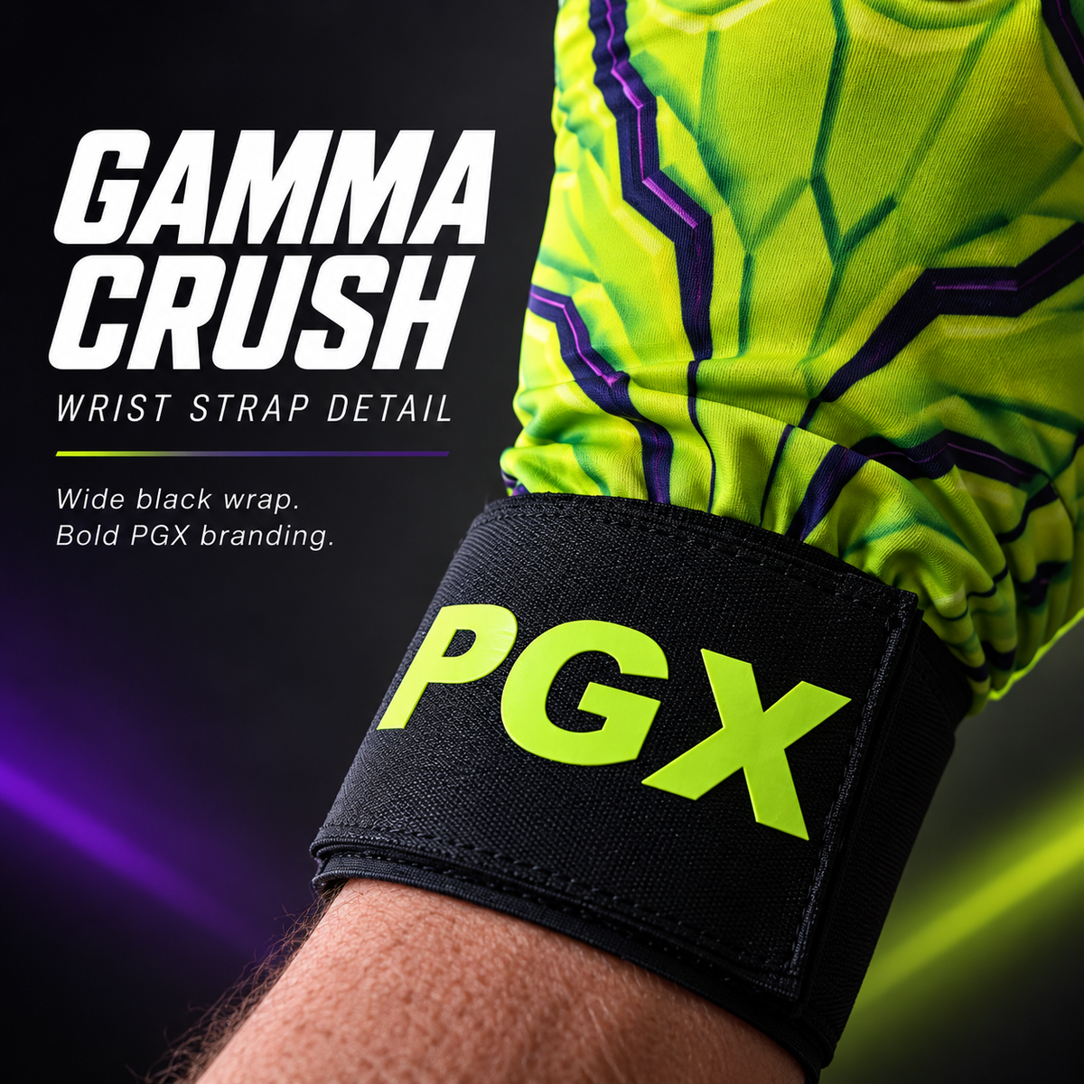 Gamma Crush wide black wrist strap with lime PGX branding