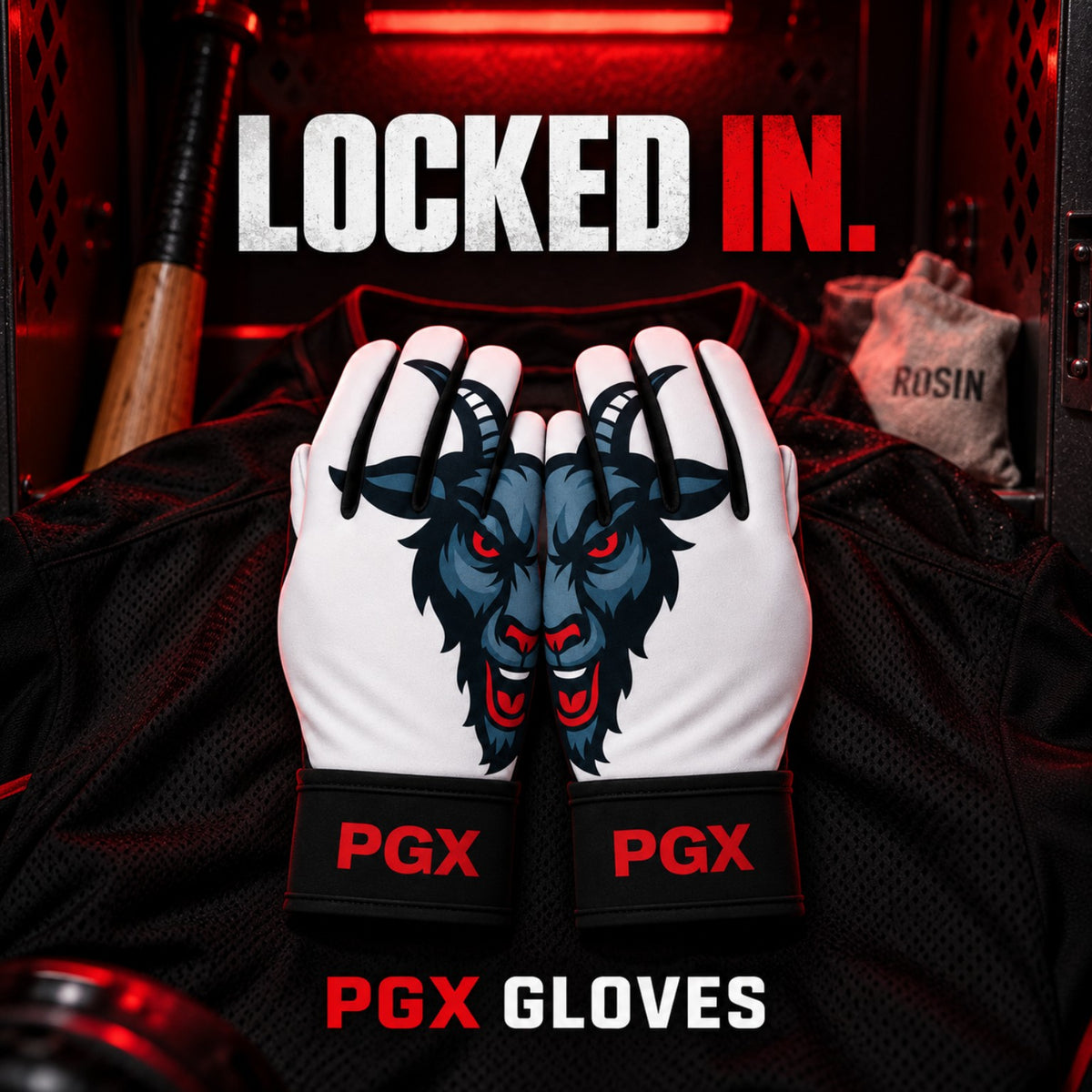 Pair of PGX GOAT long cuff batting gloves displayed in a red-lit equipment locker with Locked In text