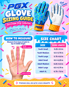 PGX Ice Cream Drip glove sizing guide with unbranded palm cuff