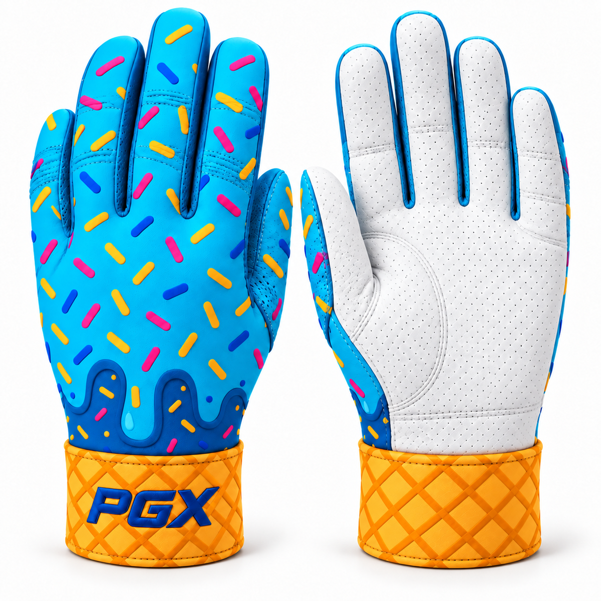 PGX Ice Cream Drip long cuff batting gloves with blue sprinkles, white leather palms and orange waffle cuffs