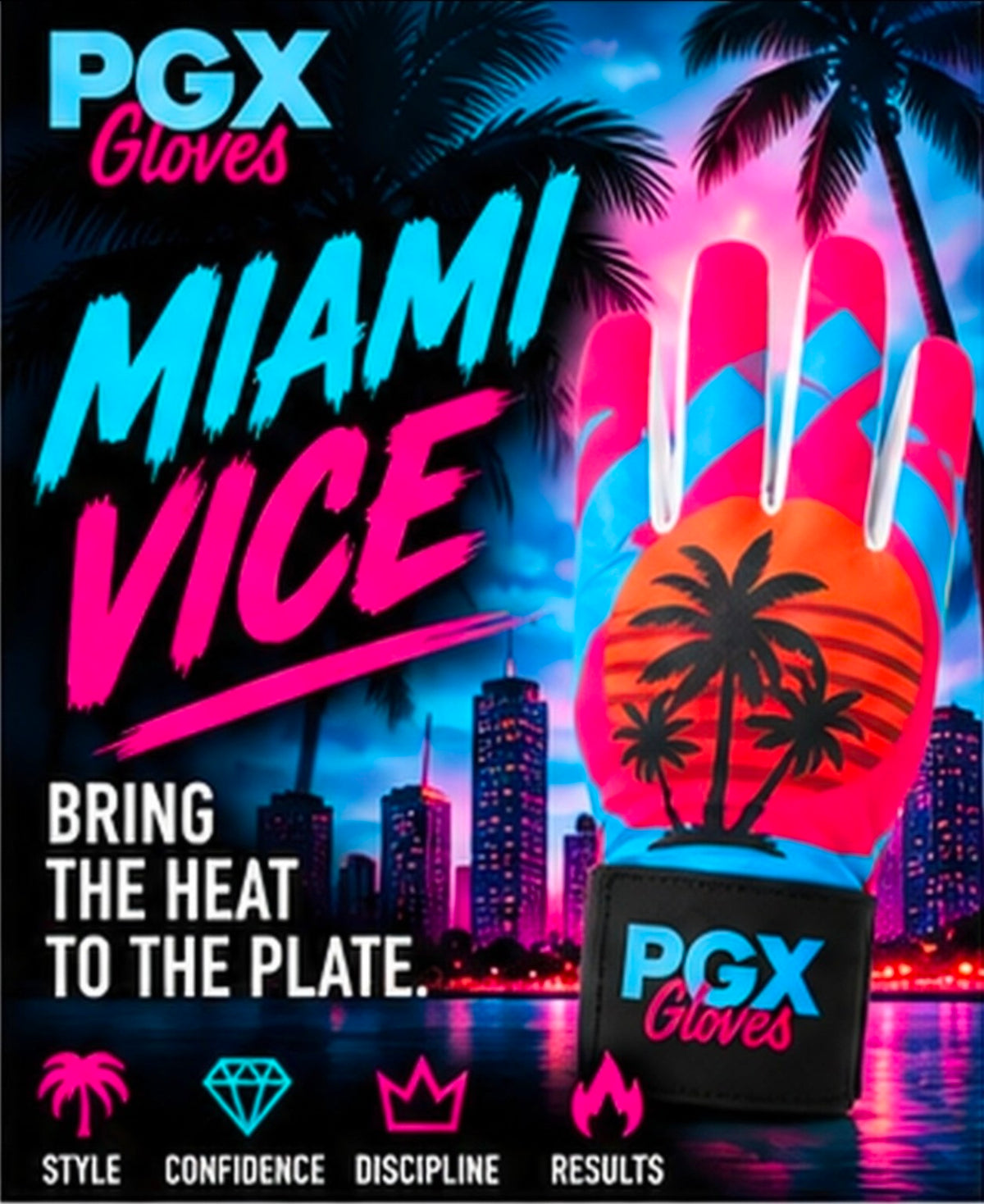PGX Miami Vice long cuff batting glove with palm-tree artwork and Bring the Heat to the Plate text