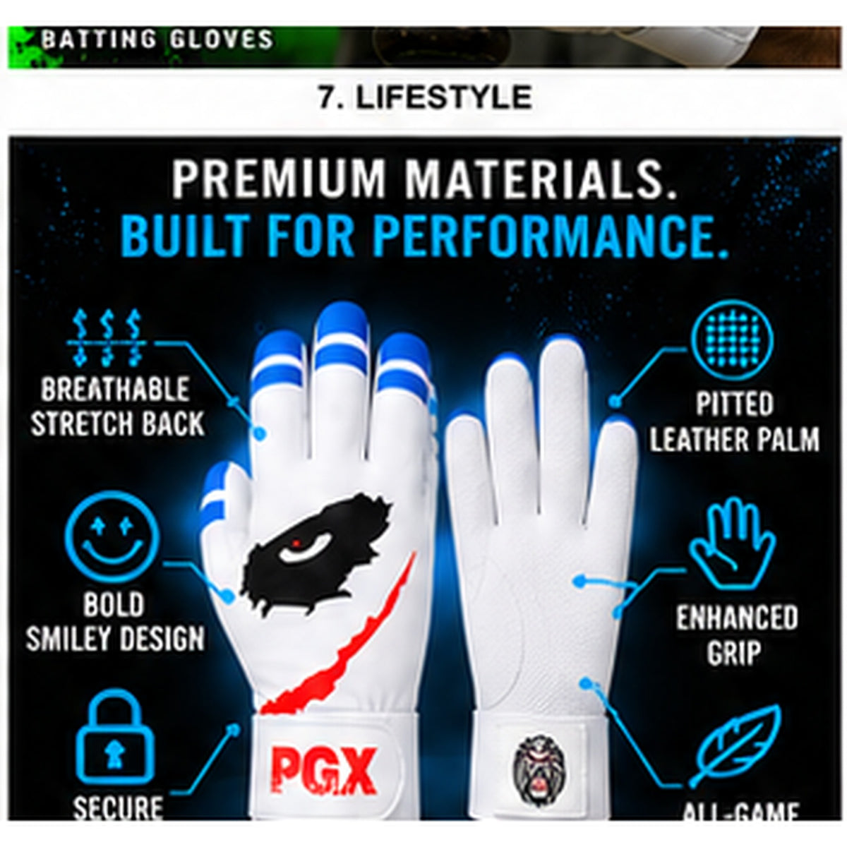 PGX Blue Smiley batting gloves premium materials and performance features
