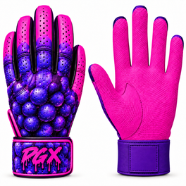 PGX Grape long cuff batting gloves with purple backhands, pink pitted leather palms and purple straps