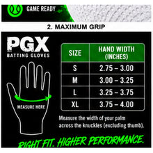 PGX Green Smiley batting gloves size chart and hand measurement guide