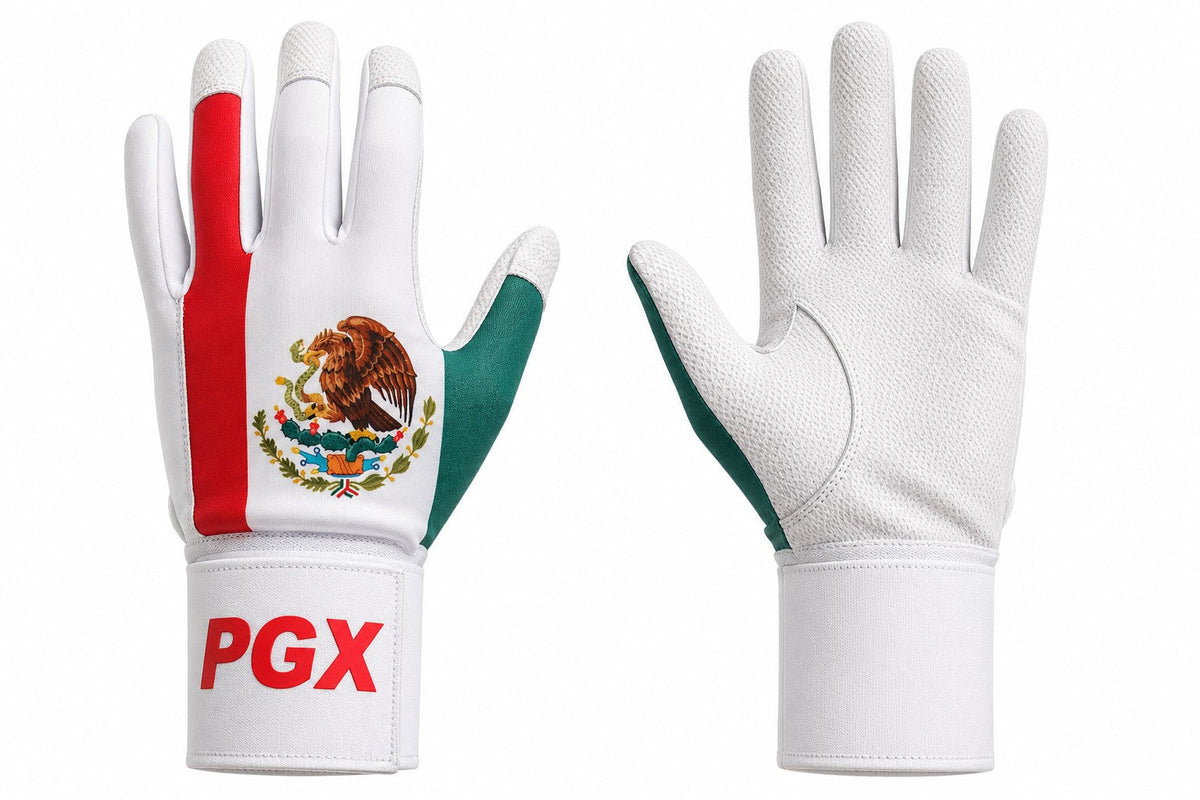 PGX Mexico long cuff batting gloves front and white grip palm
