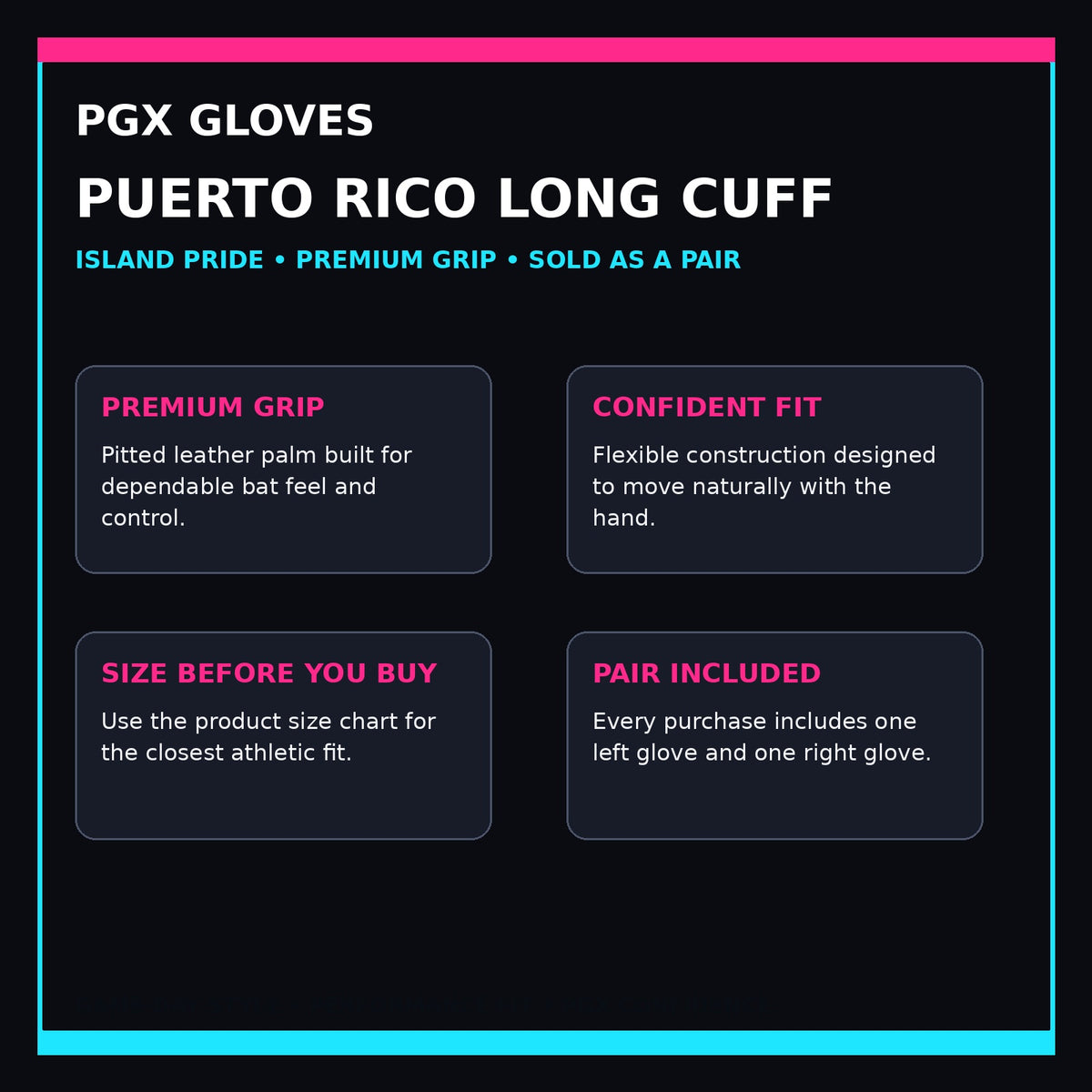 PGX Puerto Rico Long Cuff batting gloves purchase confidence guide with grip, fit, sizing and pair included