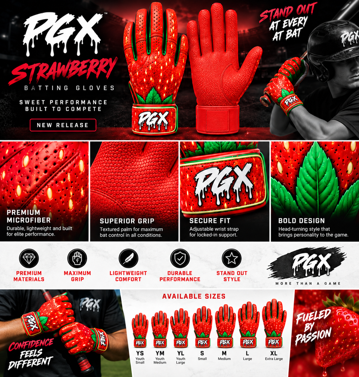 PGX Strawberry product features with red pitted leather palm and grip closeup