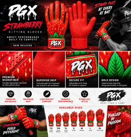 PGX Strawberry product features with red pitted leather palm and grip closeup