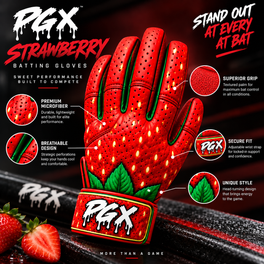 PGX Strawberry glove performance features with red pitted leather grip detail