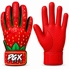 PGX Strawberry long cuff batting gloves with strawberry backhands and red pitted leather palms