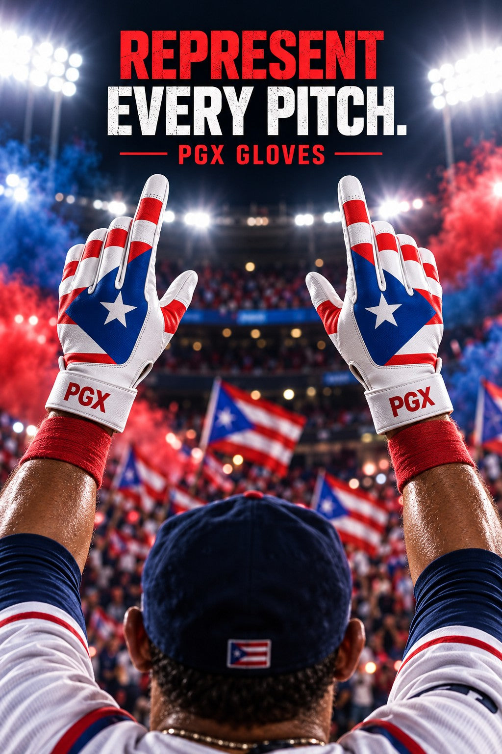 Player raising PGX Puerto Rico long cuff batting gloves in a stadium with Represent Every Pitch text