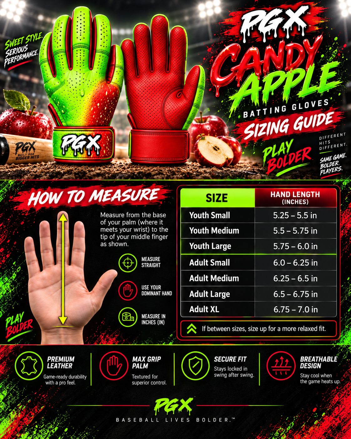 PGX Candy Apple long cuff batting gloves