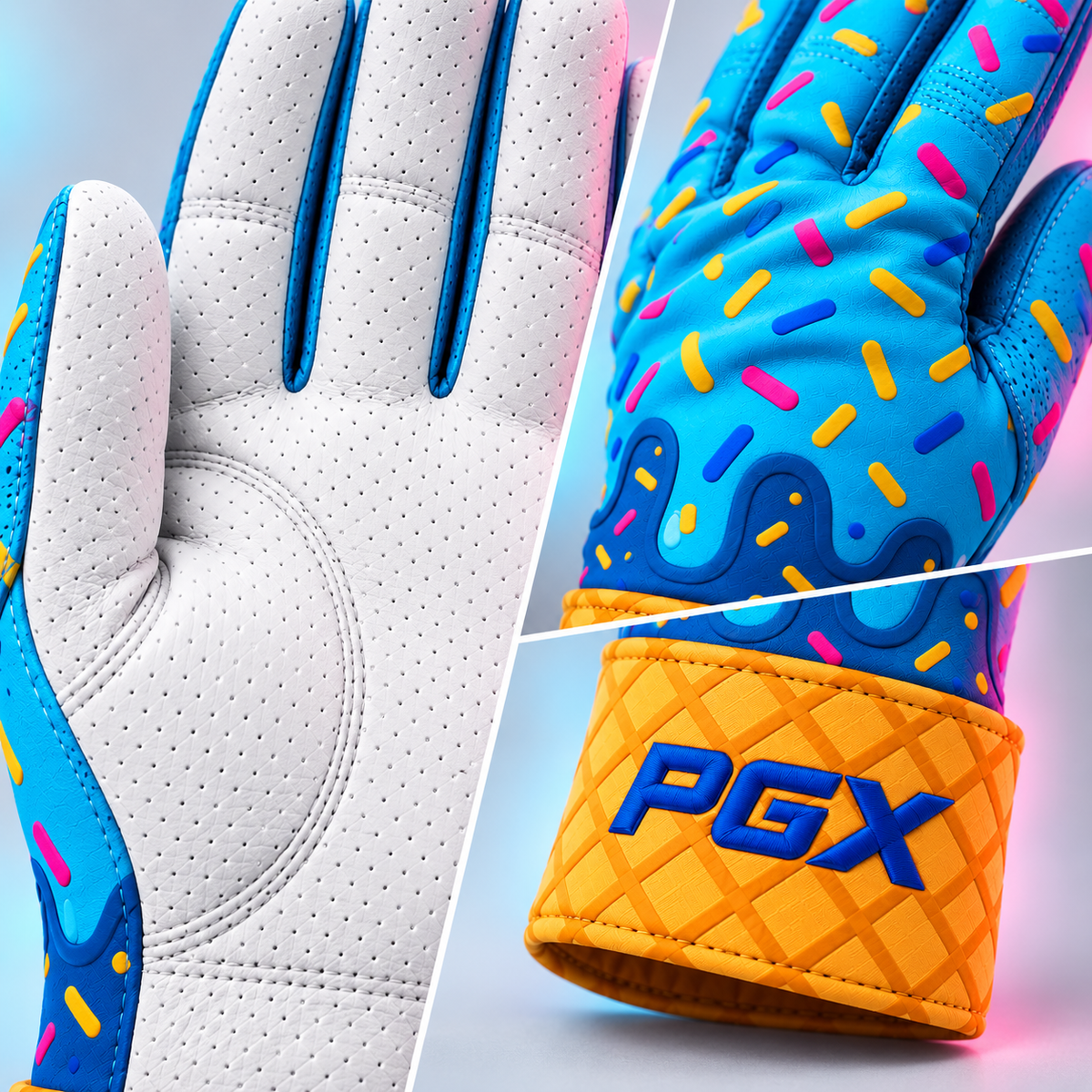 PGX Ice Cream Drip batting glove palm, flexible backhand and waffle-cone long cuff material details